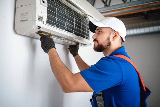HVAC technician installing a mini split air conditioner in Stevenson Ranch
