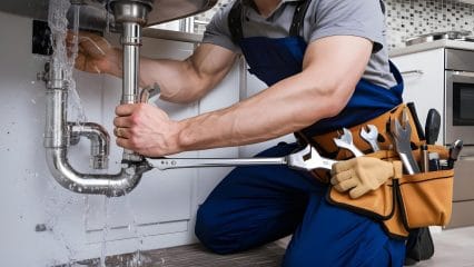 Plumber repairing pipes beneath a sink in Stevenson Ranch