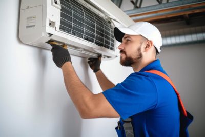 HVAC technician installing a mini split air conditioner in Stevenson Ranch