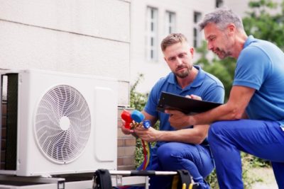 HVAC technicians installing an outdoor air conditioning unit in Stevenson Ranch
